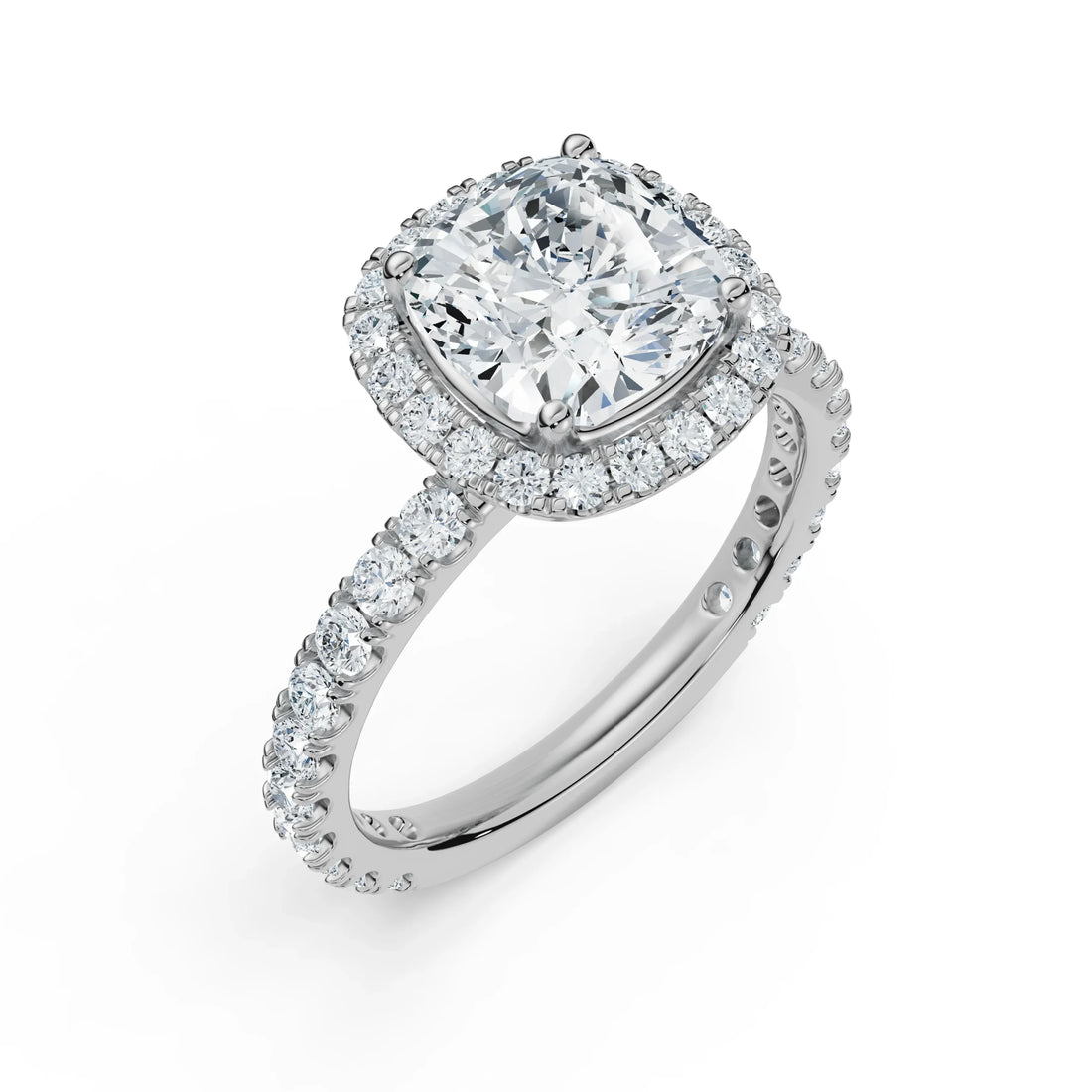 18K White Gold Cushion-Cut Diamond Halo Ring with Pavé Band