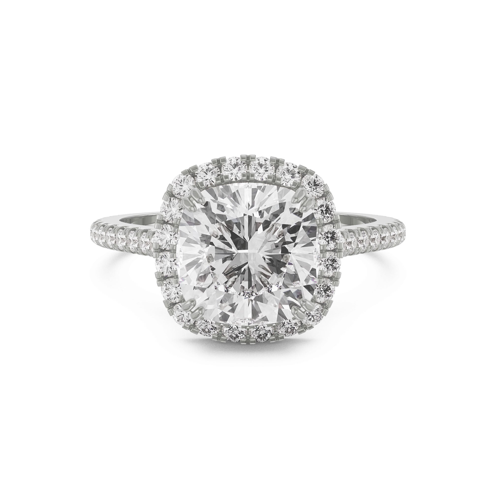 18K White Gold Cushion Cut Diamond Engagement Ring Halo & Pavé Band
