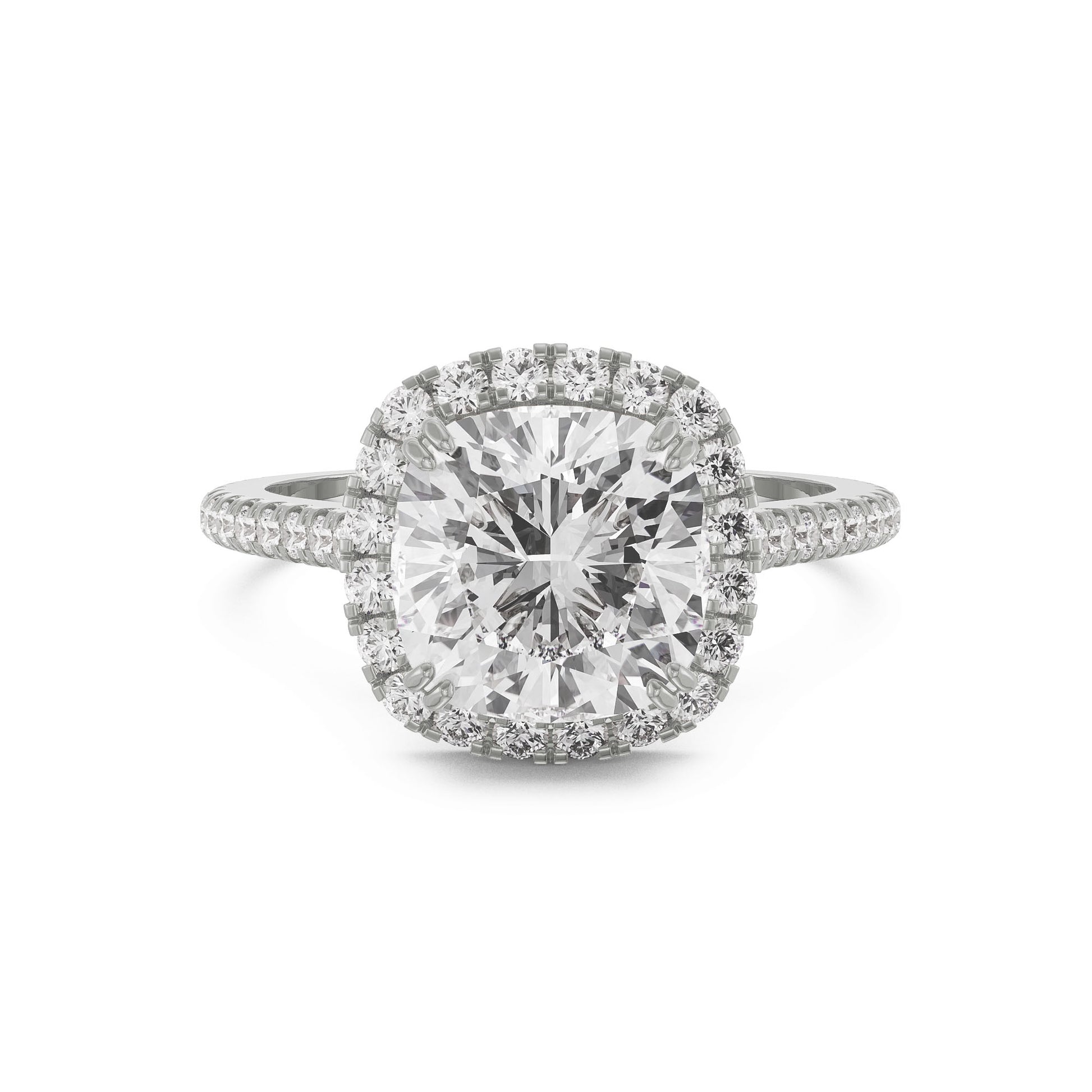 18K White Gold Cushion Cut Diamond Engagement Ring Halo & Pavé Band