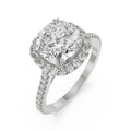18K White Gold Cushion Cut Diamond Engagement Ring Halo & Pavé Band Front View La Joyeria