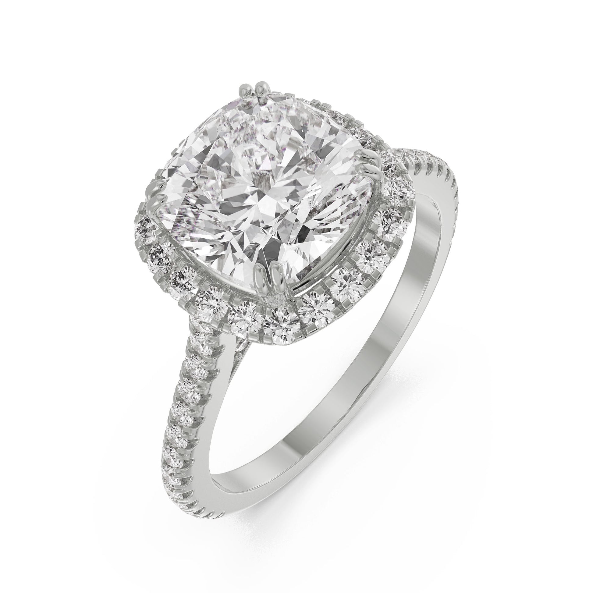 18K White Gold Cushion Cut Diamond Engagement Ring Halo & Pavé Band Front View La Joyeria