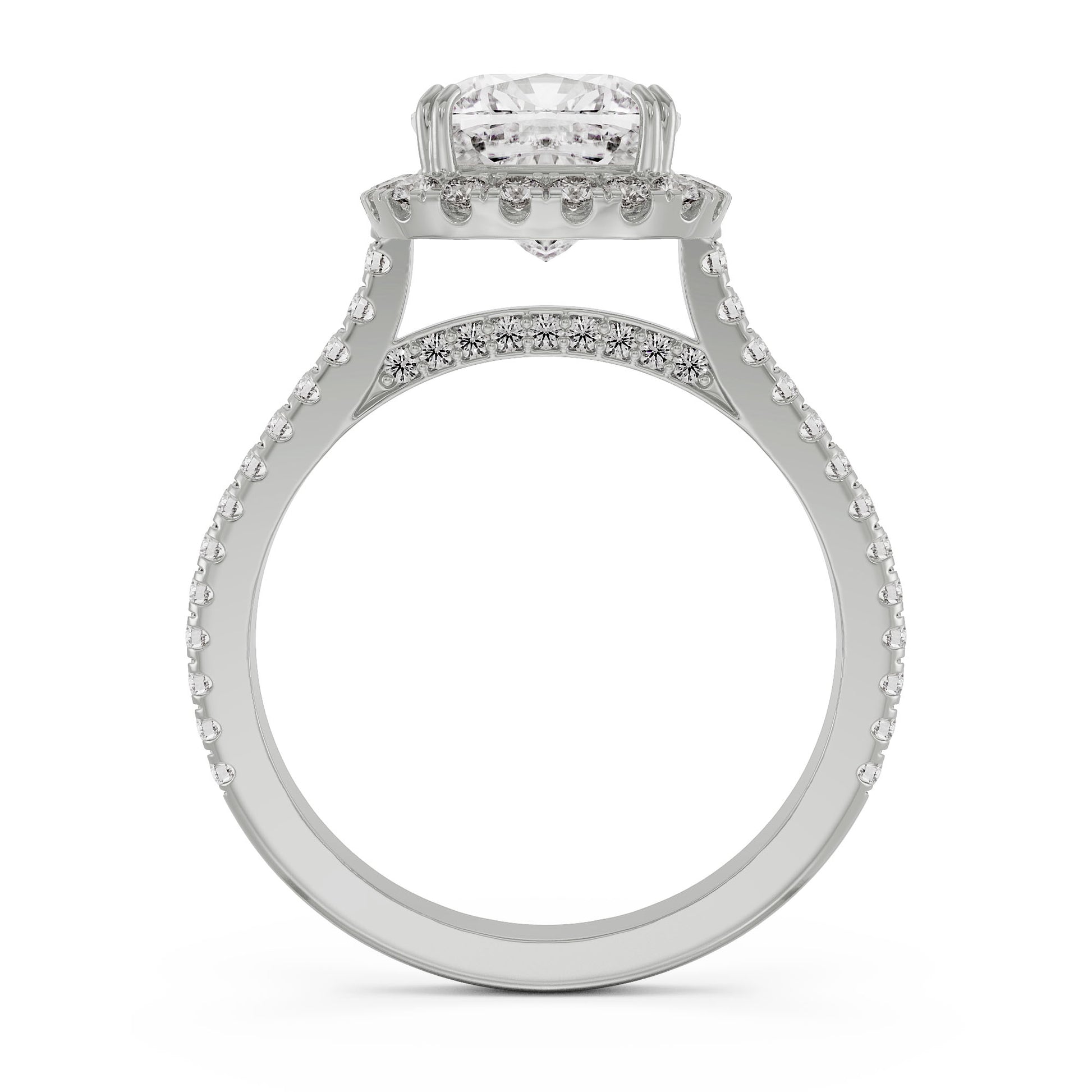 18K White Gold Cushion Cut Diamond Engagement Ring Halo & Pavé Band Side View La Joyeria