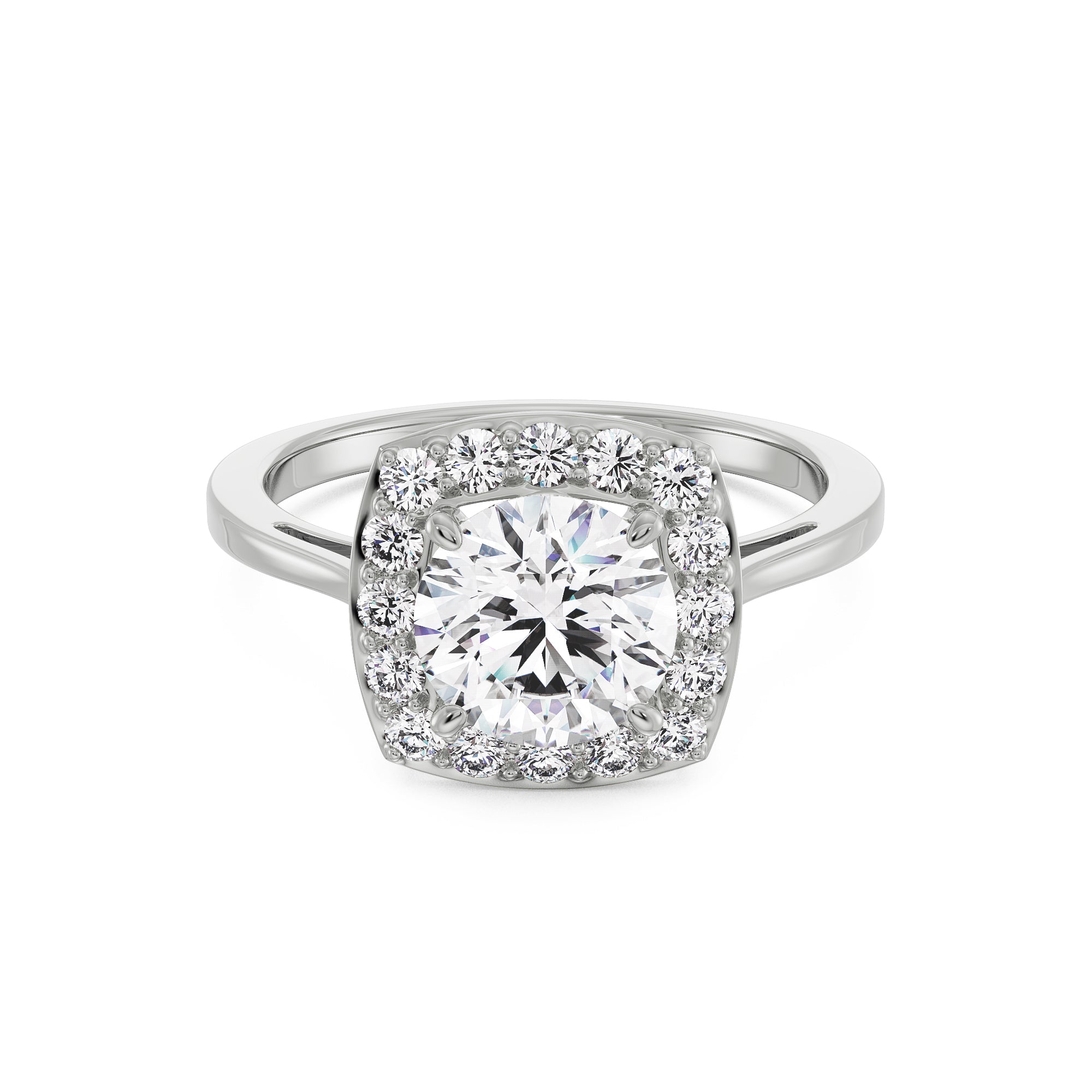 18K White Gold Cushion Halo Round Diamond Engagement Ring