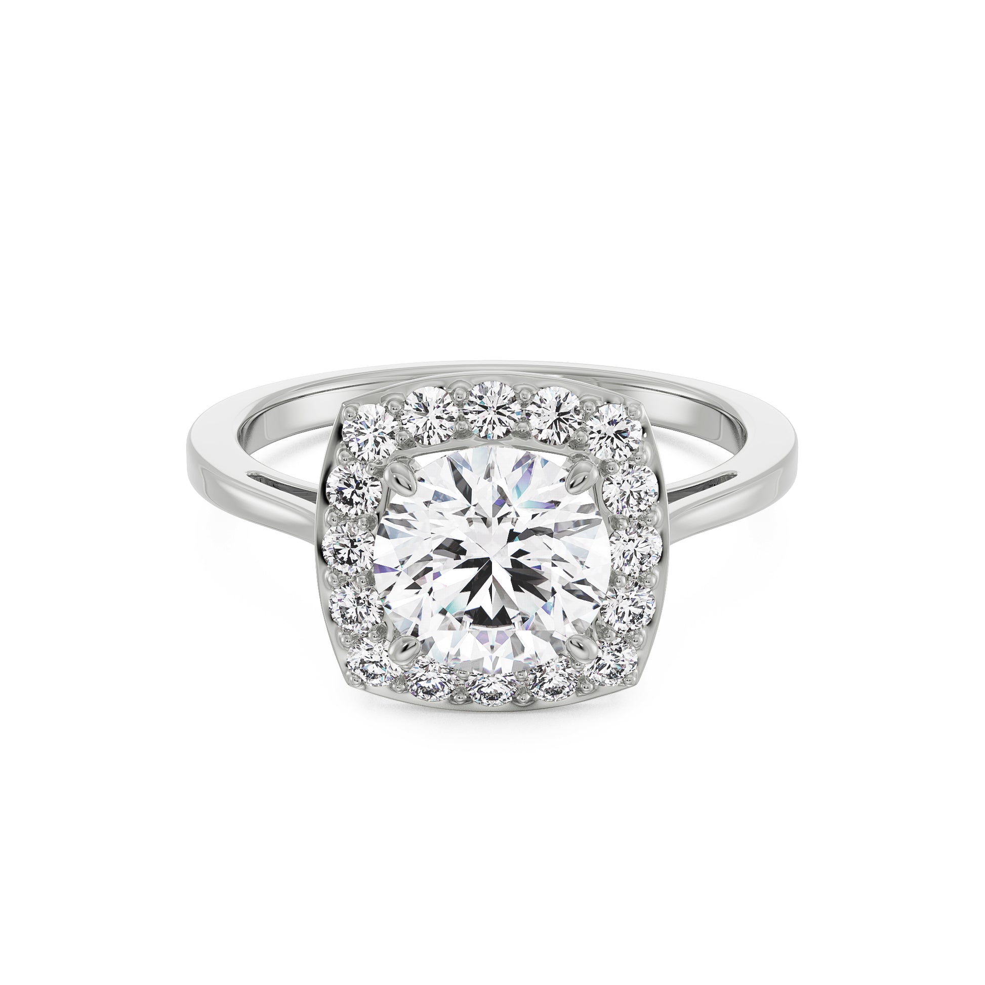 18K White Gold Cushion Halo Round Diamond Engagement Ring