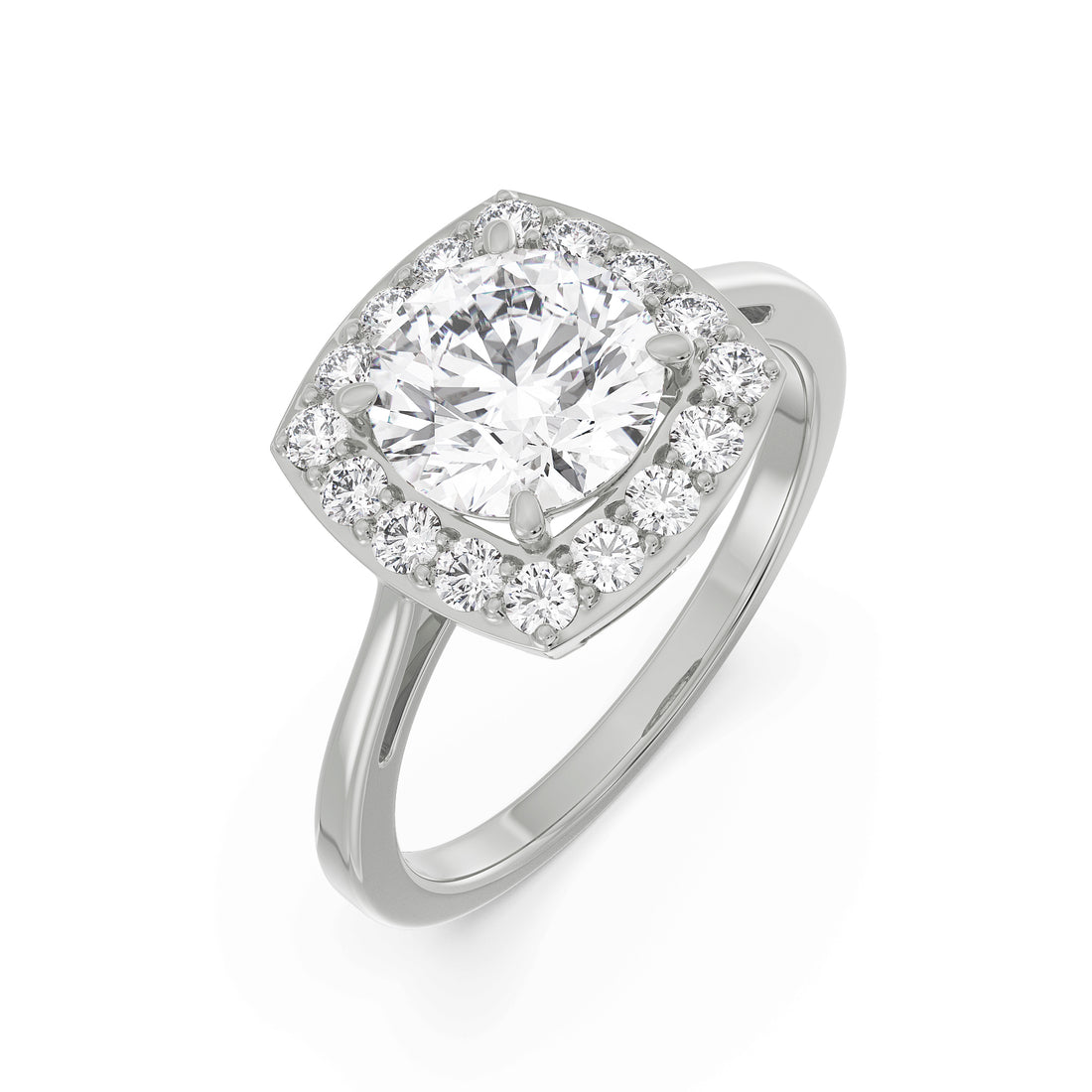 18K White Gold Cushion Halo Round Diamond Engagement Ring