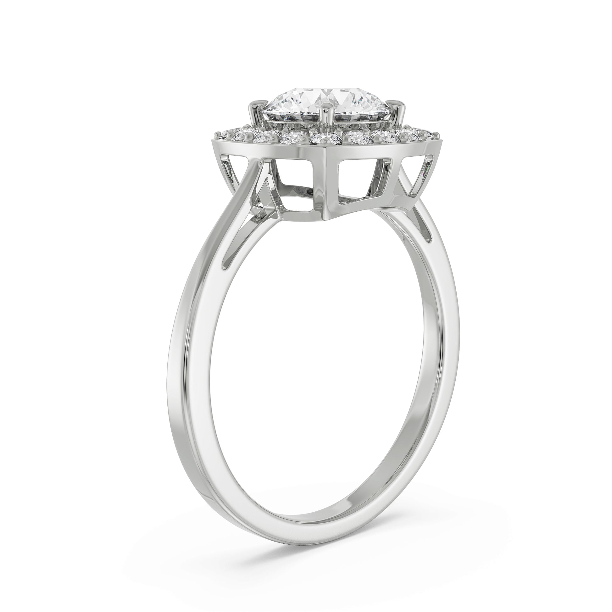 18K White Gold Cushion Halo Round Diamond Engagement Ring Side View