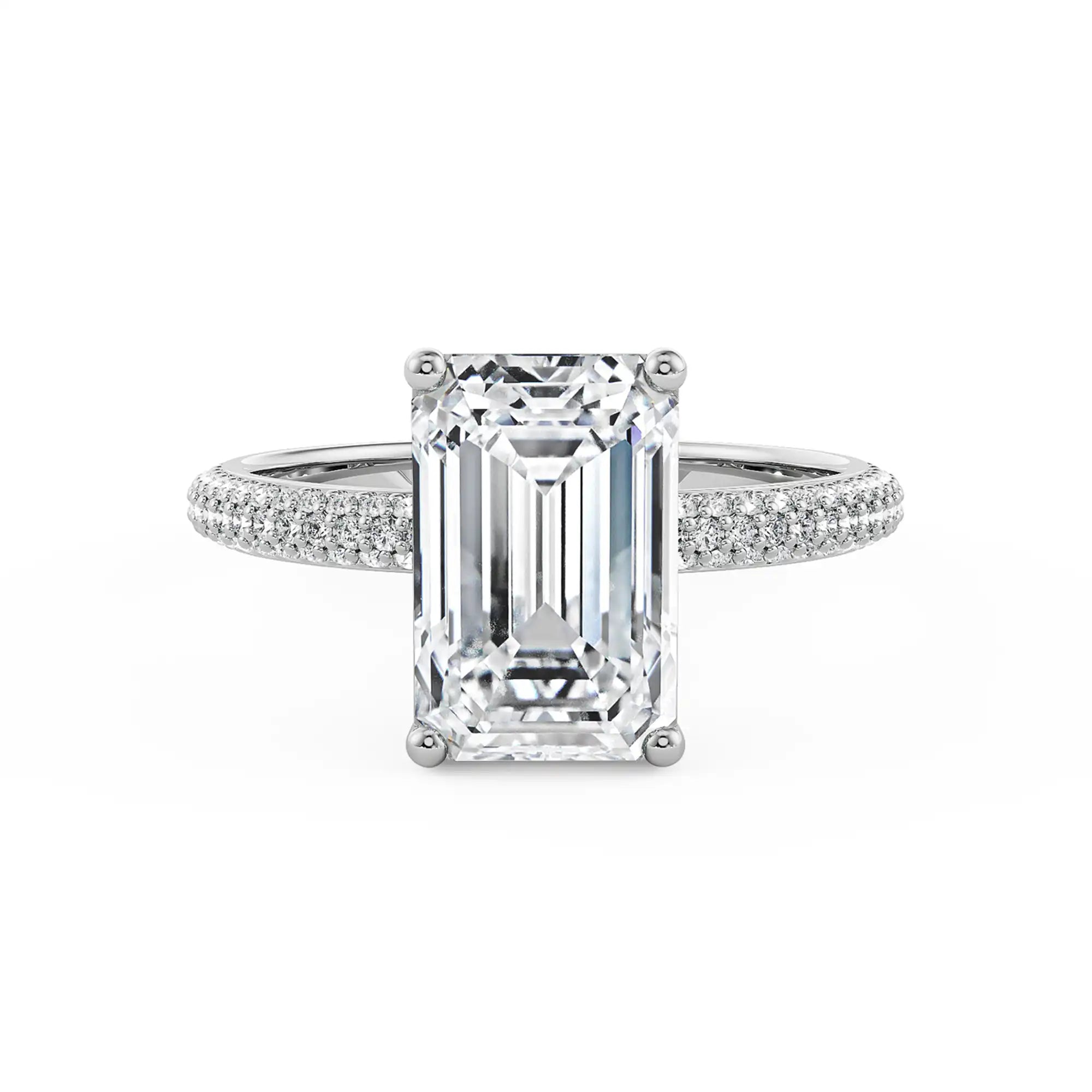 18K White Gold Emerald Cut Diamond Engagement Ring with Triple Row Pave Band