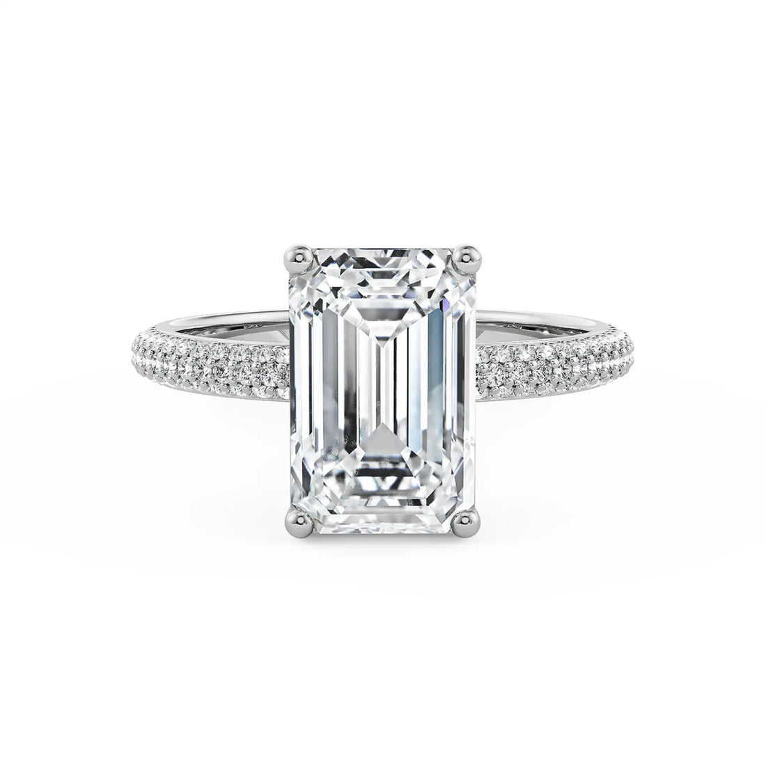 18K White Gold Emerald Cut Diamond Engagement Ring with Triple Row Pave Band