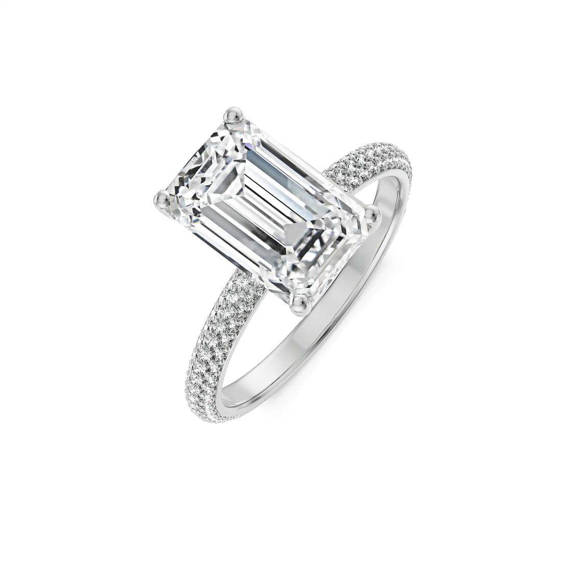 18K White Gold Emerald Cut Diamond Engagement Ring with Triple Row Pave Band