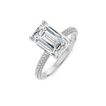 18K White Gold Emerald Cut Diamond Engagement Ring with Triple Row Pave Band Front View