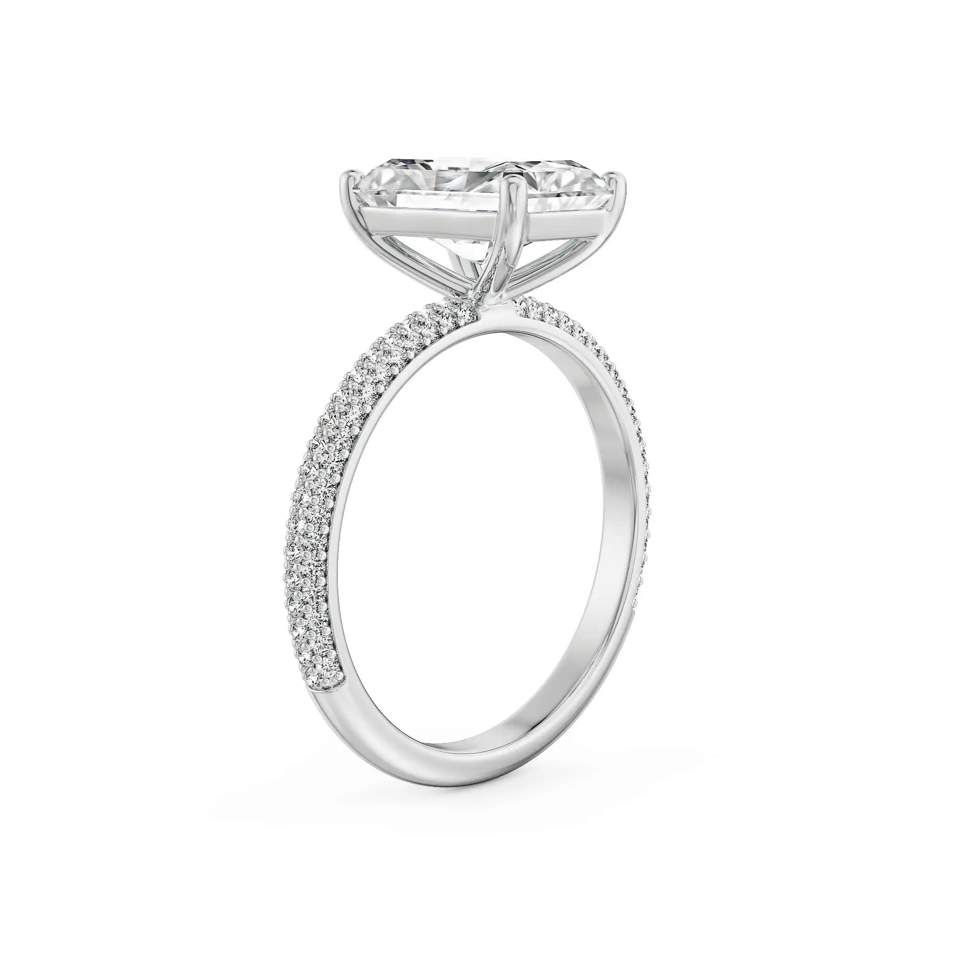 18K White Gold Emerald Cut Diamond Engagement Ring with Triple Row Pave Band Side View