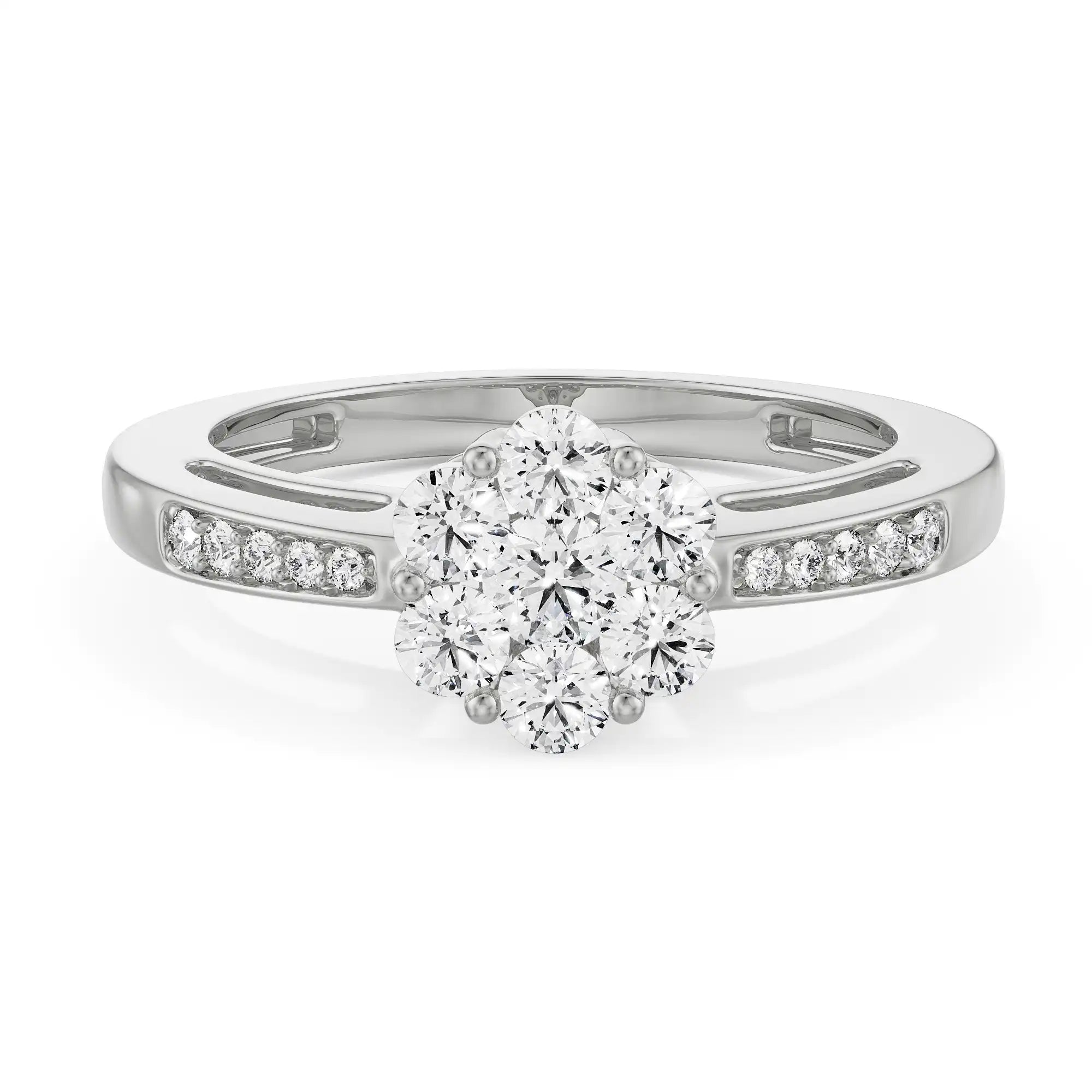 18K White Gold Floral Cluster Diamond Ring with Channel Set Band