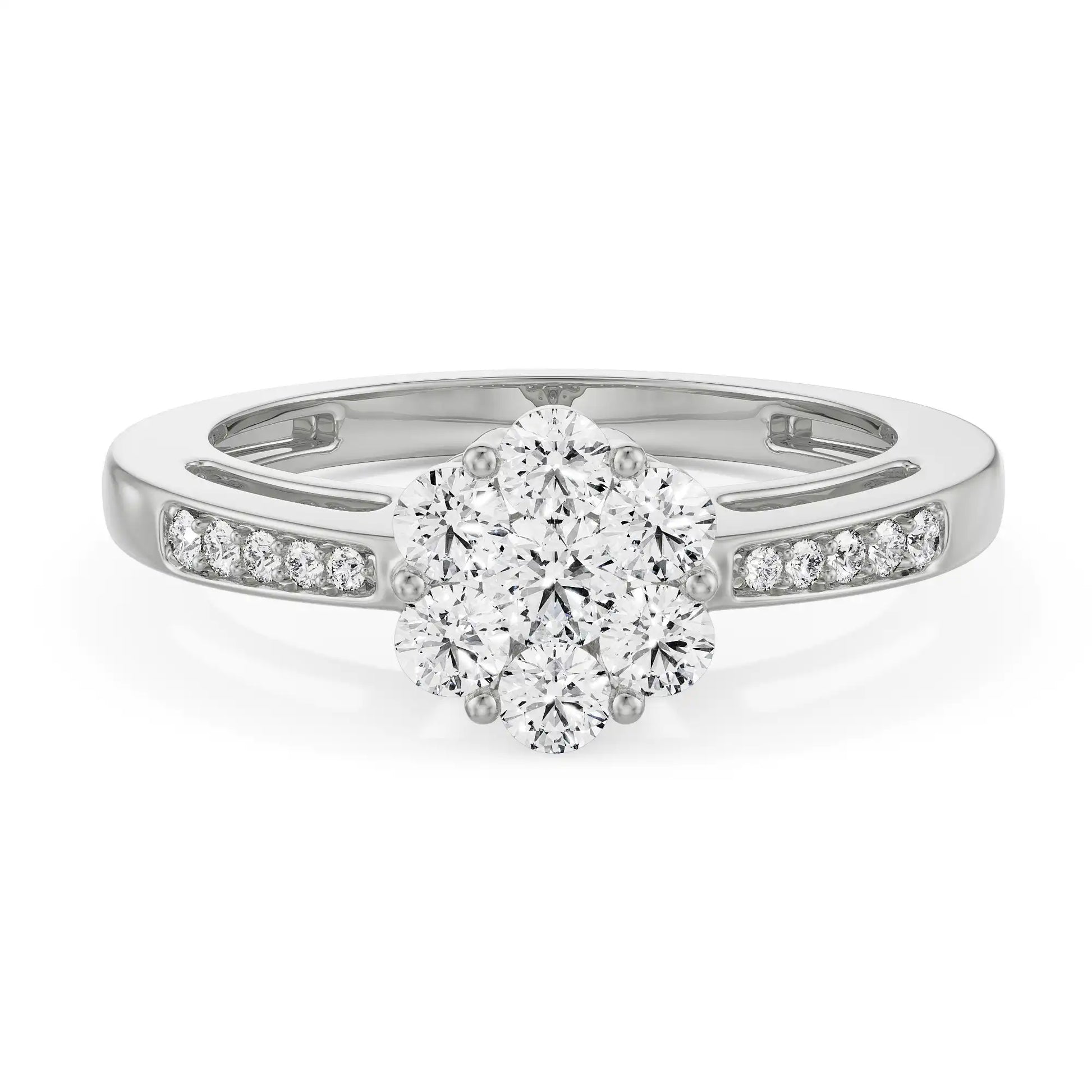 18K White Gold Floral Cluster Diamond Ring with Channel Set Band