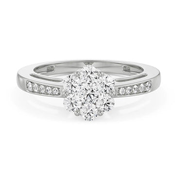 18K White Gold Floral Cluster Diamond Ring with Channel Set Band