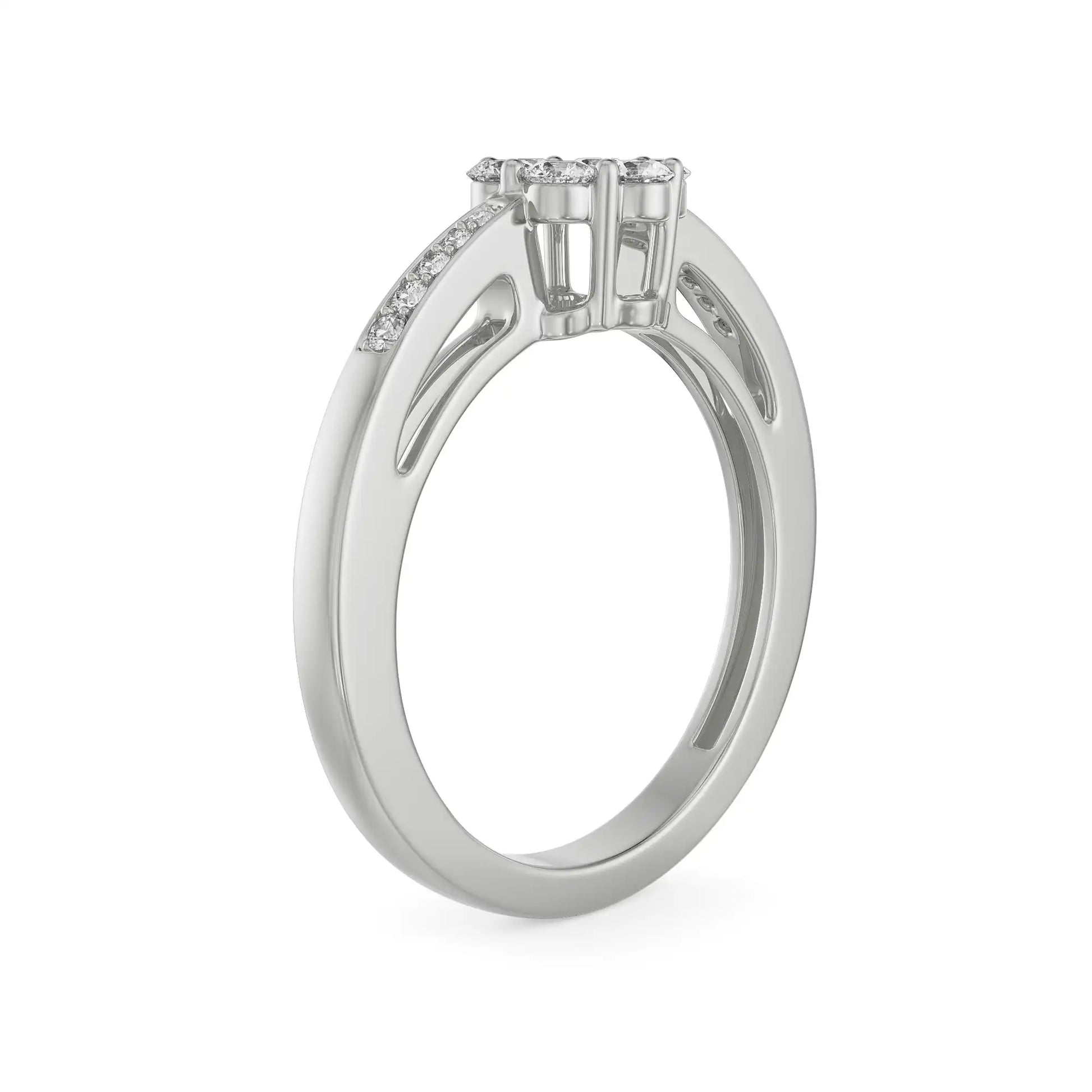 18K White Gold Floral Cluster Diamond Ring with Channel Set Band Back View