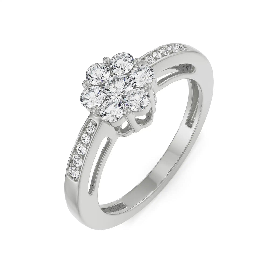 18K White Gold Floral Cluster Diamond Ring with Channel Set Band