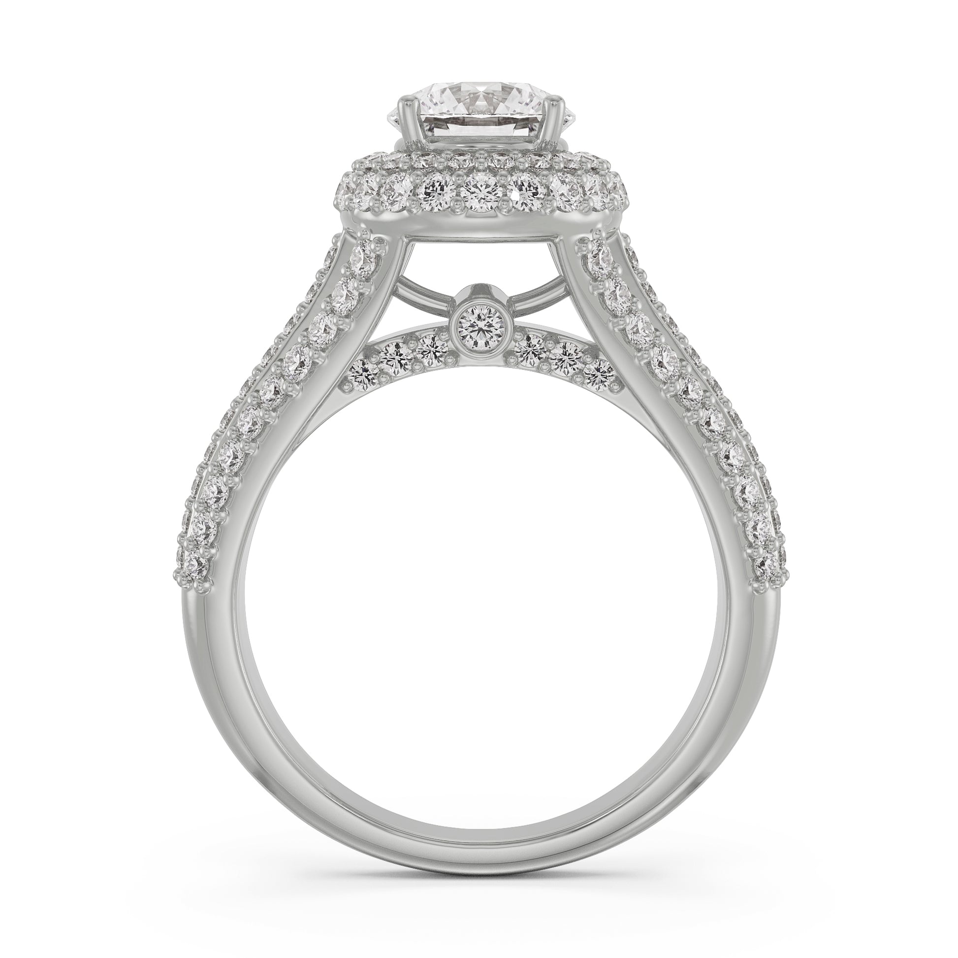 18K White Gold Halo Diamond Ring Split Shank Brilliance Side View La Joyeria