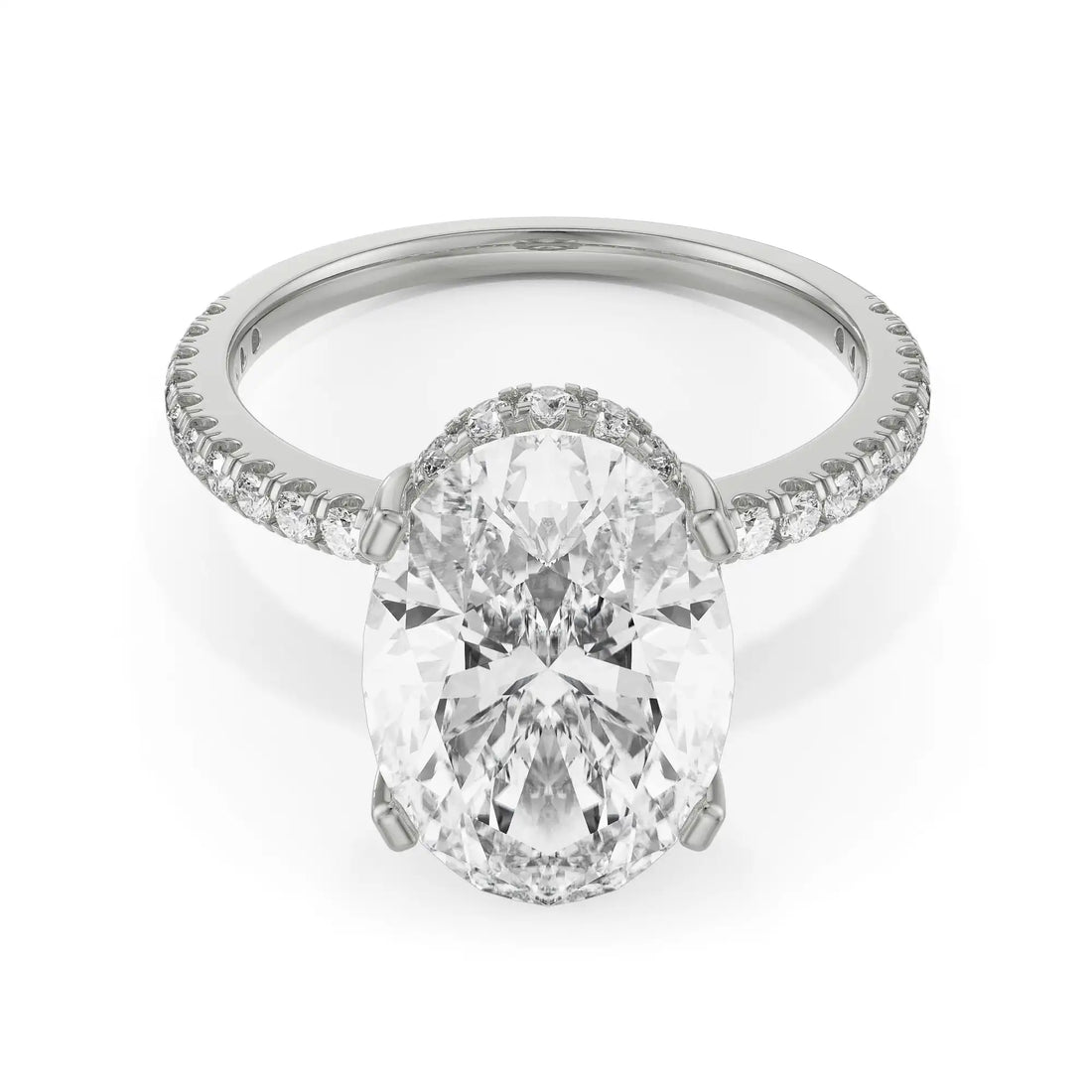 18K White Gold Oval Cut Diamond Engagement Ring with Pave Band