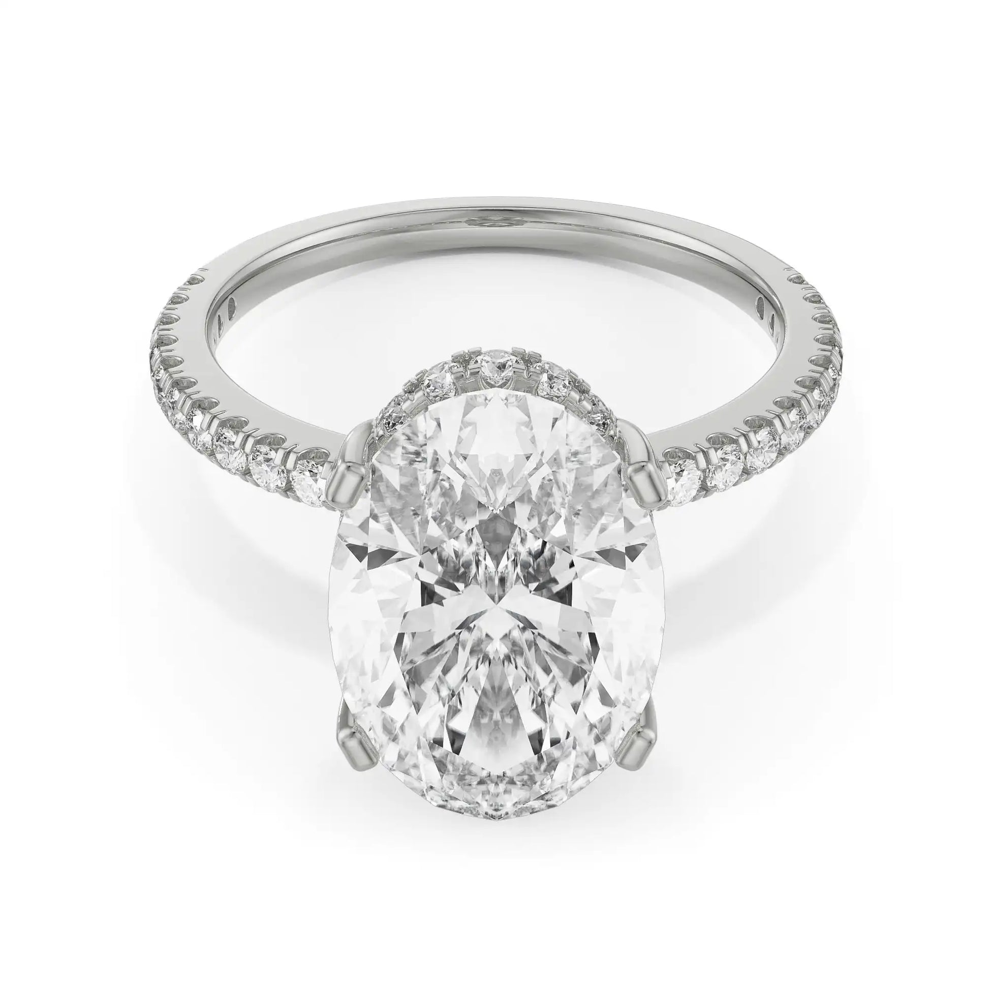 18K White Gold Oval Cut Diamond Engagement Ring with Pave Band