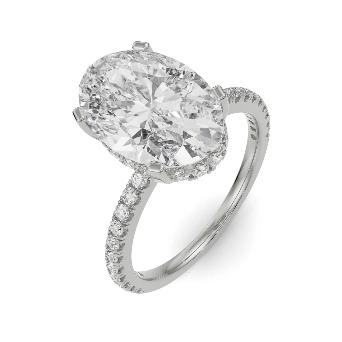 18K White Gold Oval Cut Diamond Engagement Ring with Pave Band