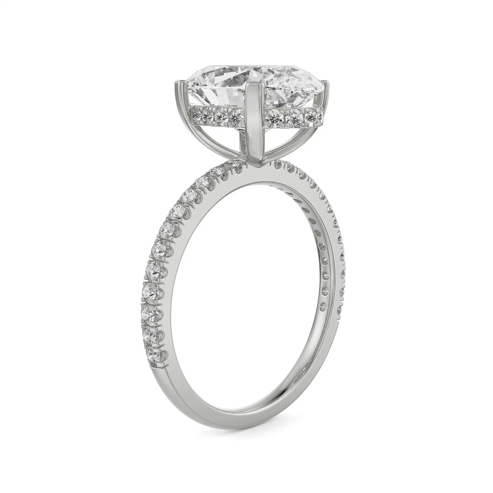 18K White Gold Oval Cut Diamond Engagement Ring with Pave Band Side View