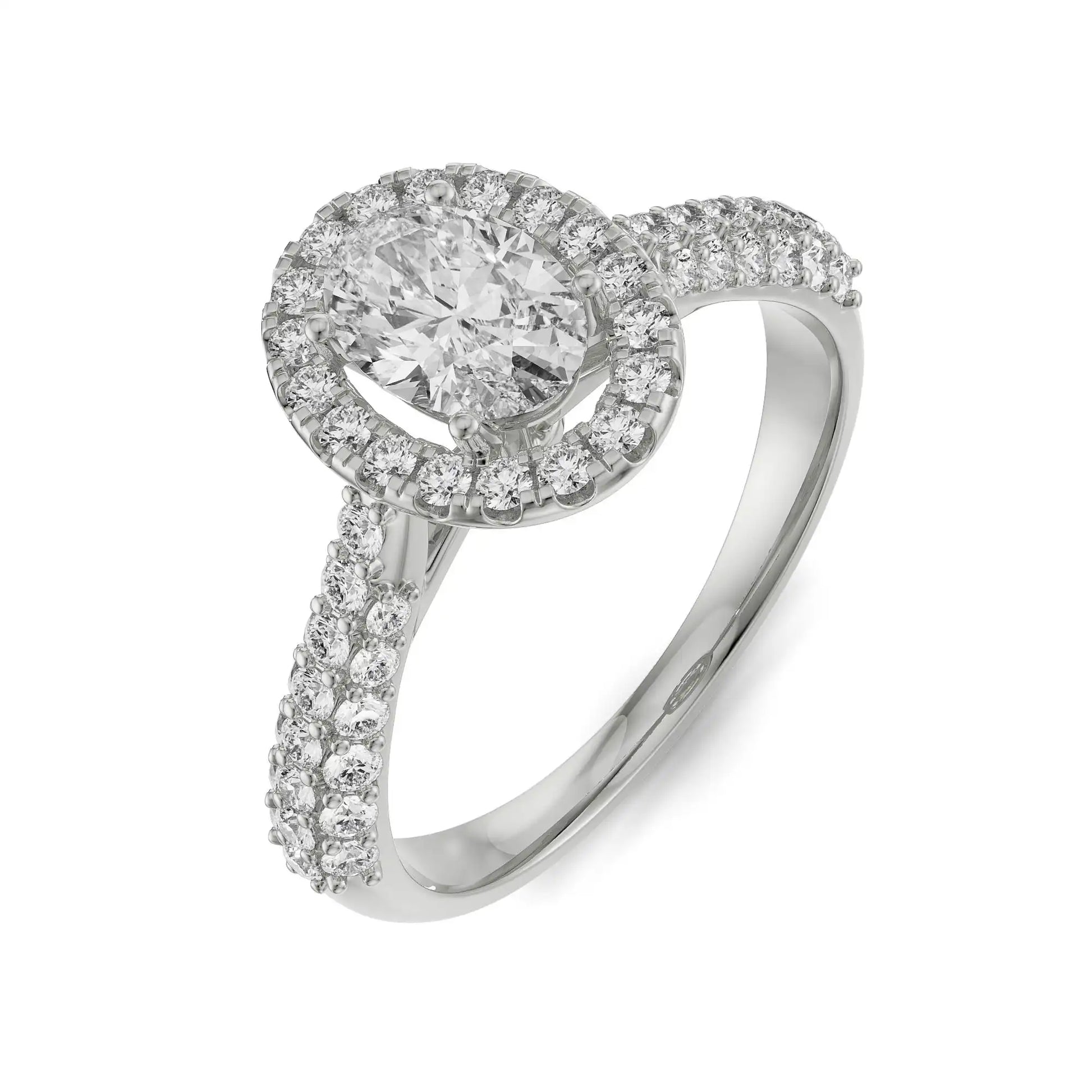 18K White Gold Oval Double Halo Diamond Engagement Ring Front View