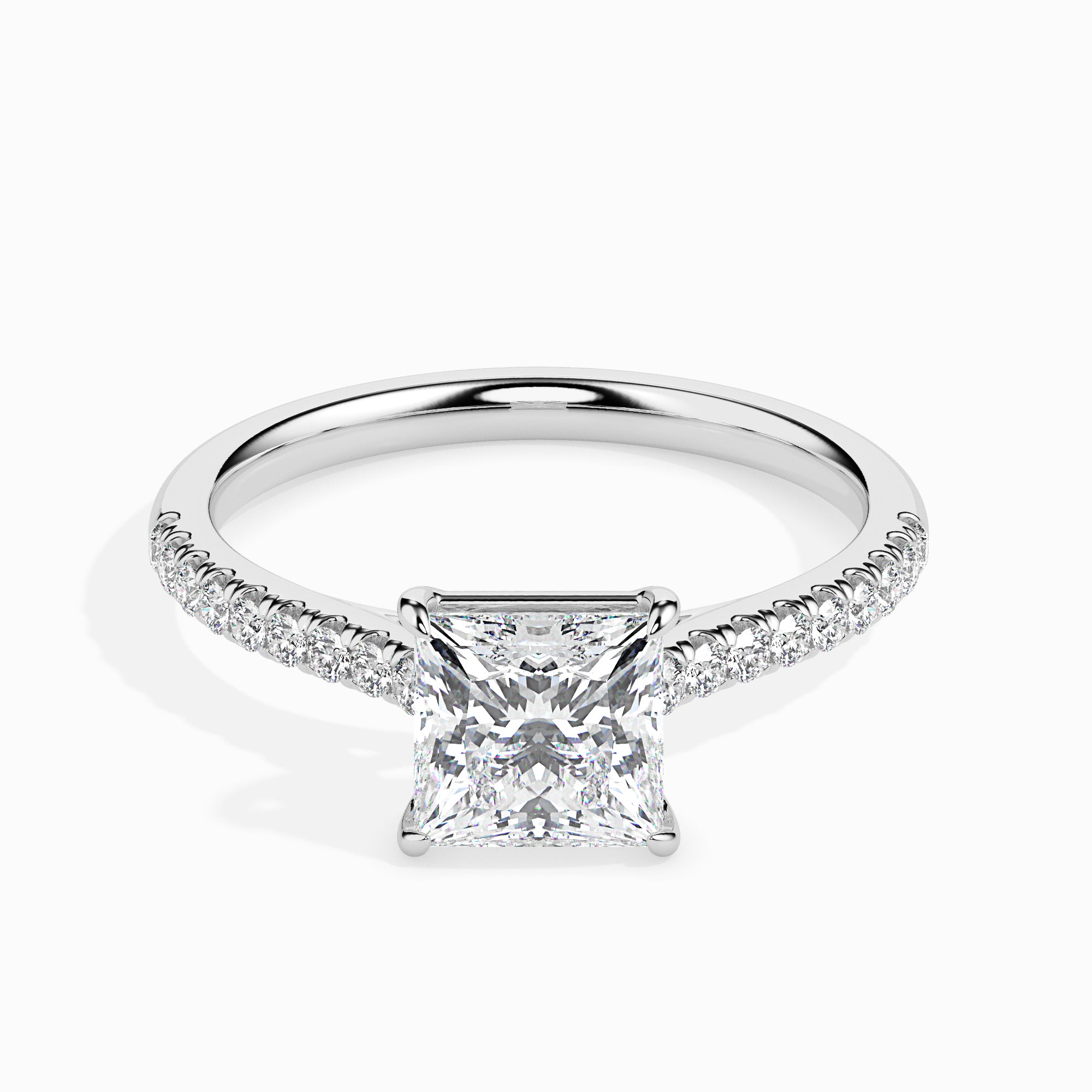 18K White Gold Princess Cut Diamond Engagement Ring Pavé Band Elegance