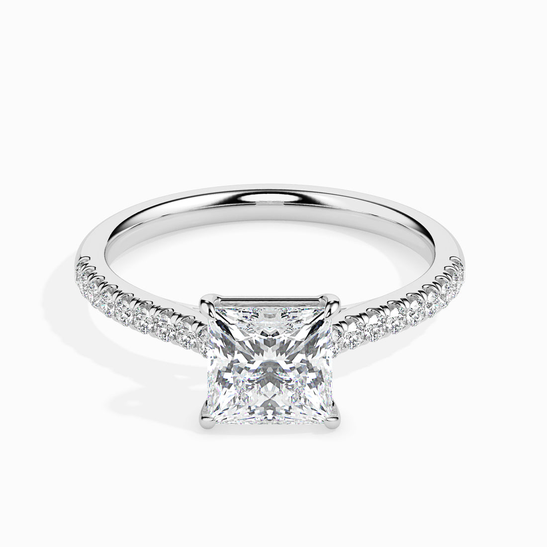 18K White Gold Princess Cut Diamond Engagement Ring Pavé Band Elegance