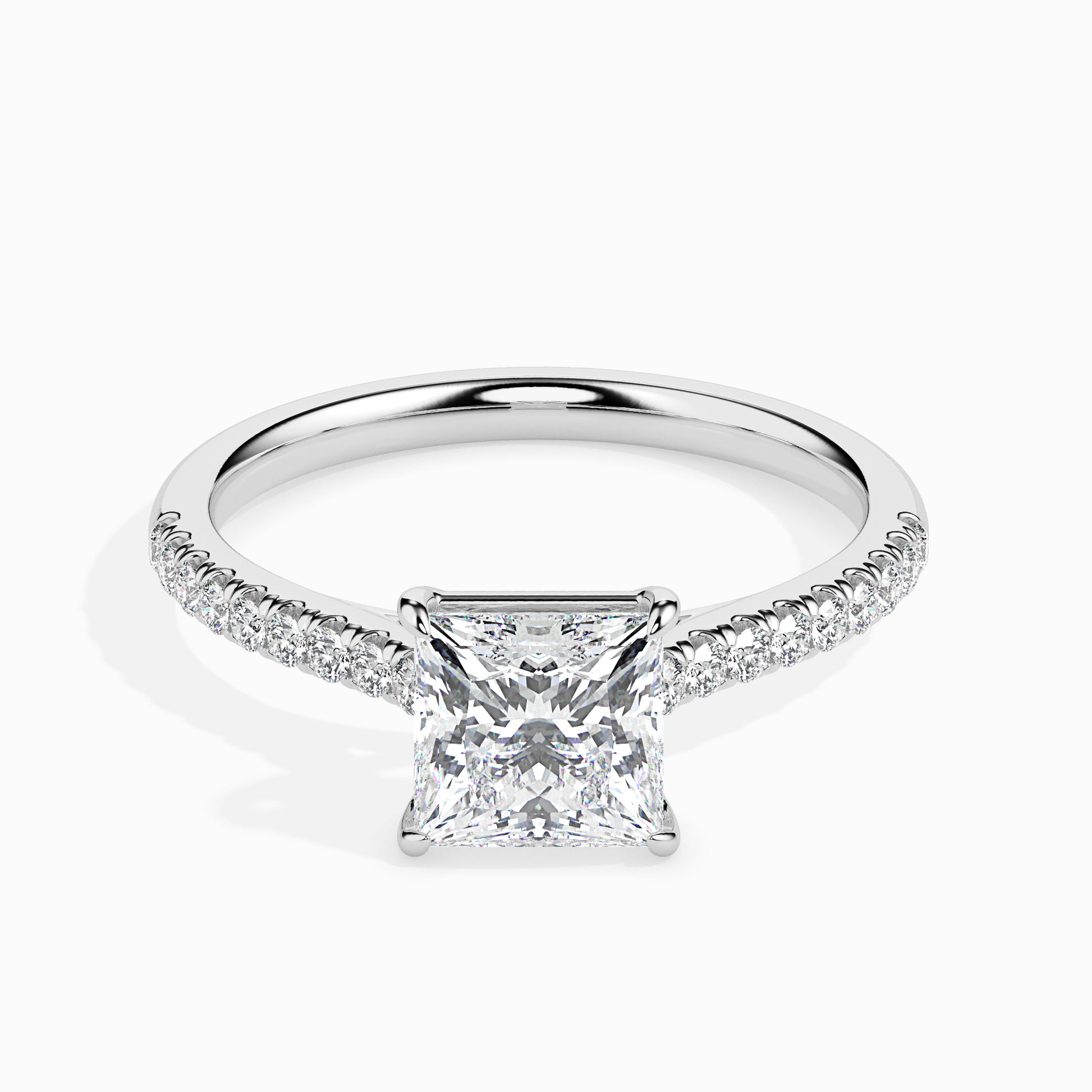 18K White Gold Princess Cut Diamond Engagement Ring Pavé Band Elegance