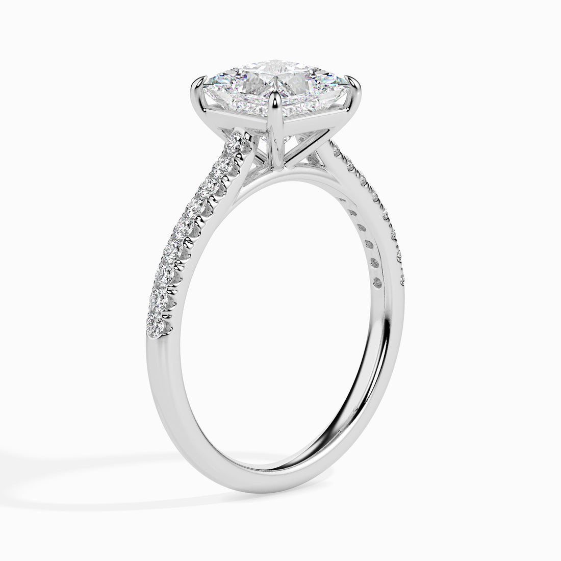 18K White Gold Princess Cut Diamond Engagement Ring Pavé Band Elegance