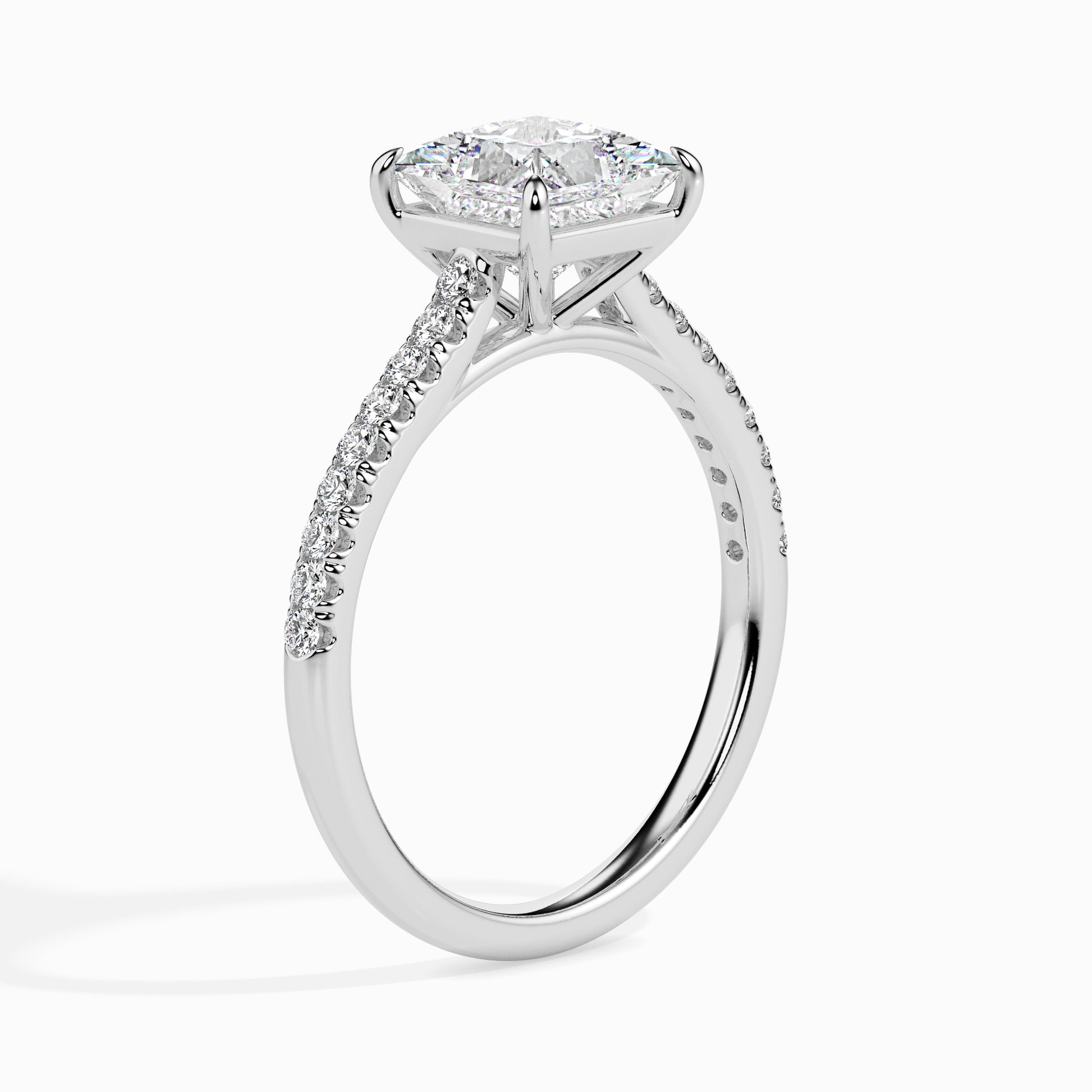 18K White Gold Princess Cut Diamond Engagement Ring Pavé Band Elegance Side View 2