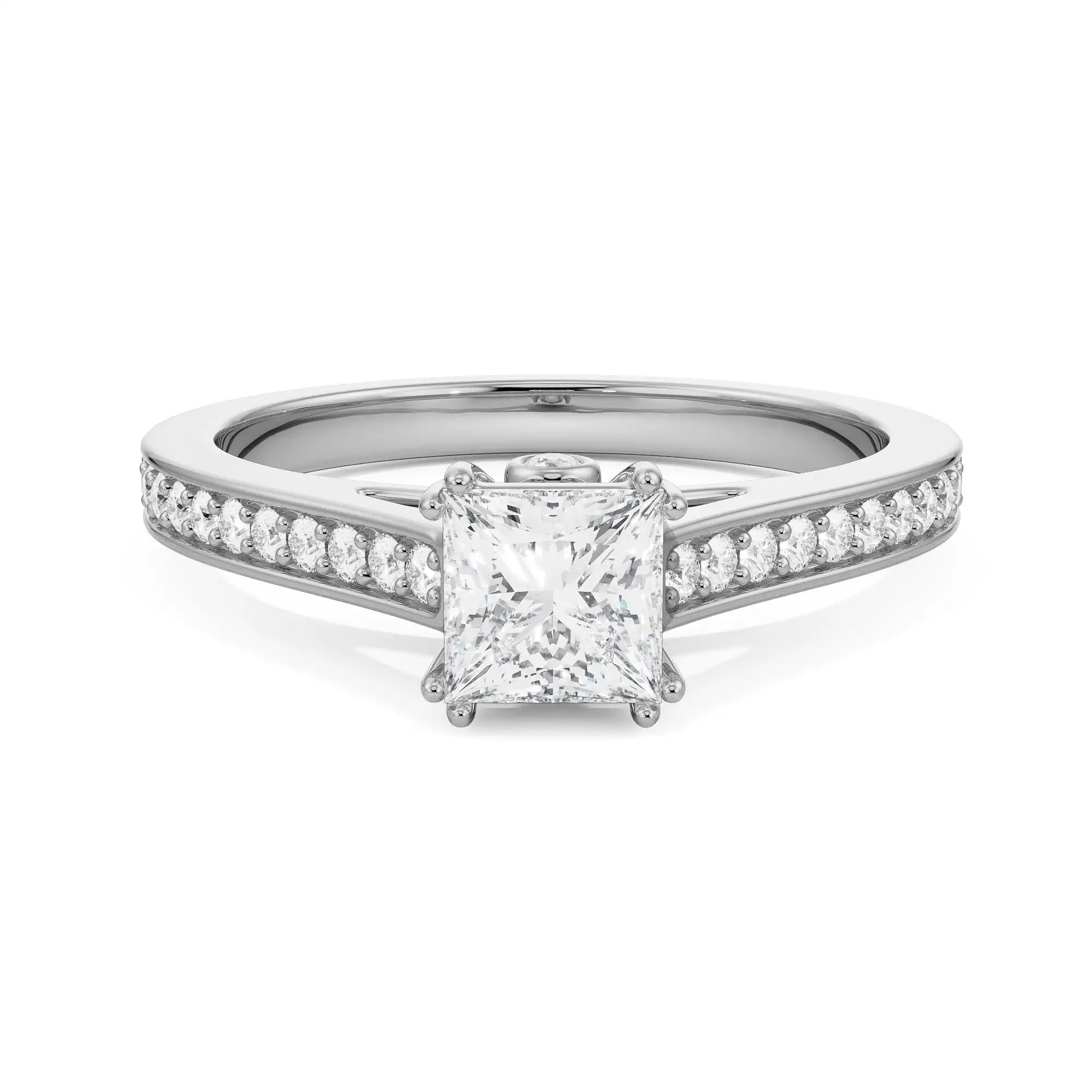 18K White Gold Princess Cut Diamond Ring with Pave Band