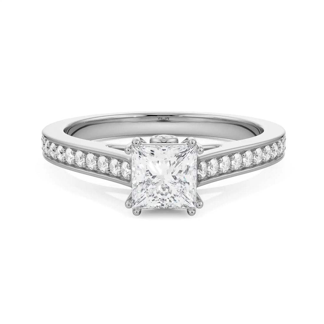 18K White Gold Princess Cut Diamond Ring with Pave Band
