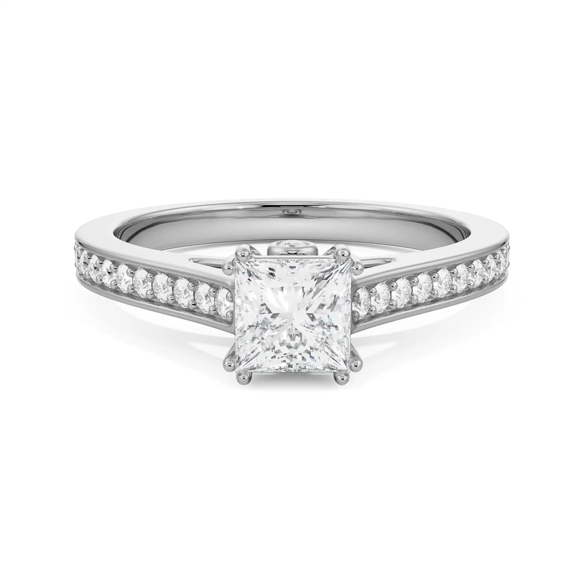 18K White Gold Princess Cut Diamond Ring with Pave Band