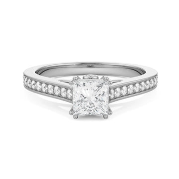 18K White Gold Princess Cut Diamond Ring with Pave Band