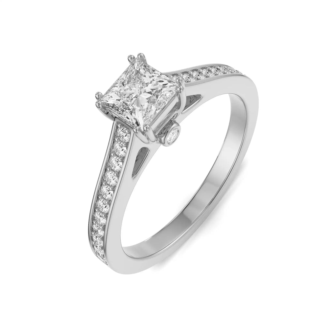 18K White Gold Princess Cut Diamond Ring with Pave Band