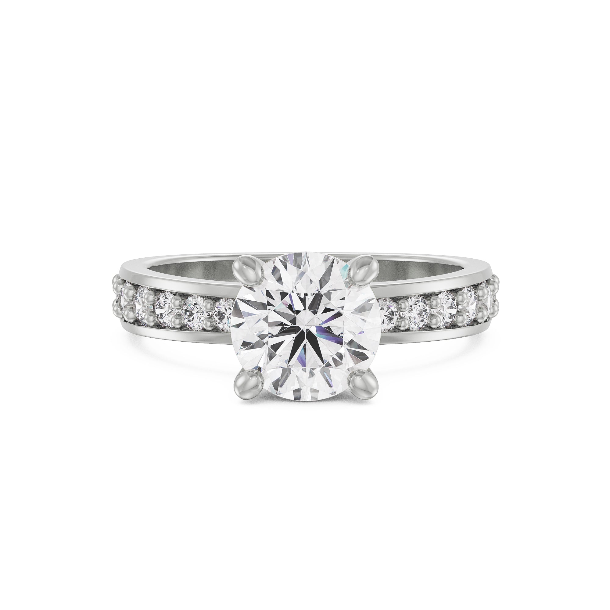 18K White Gold Round Diamond Ring with Pavé Band