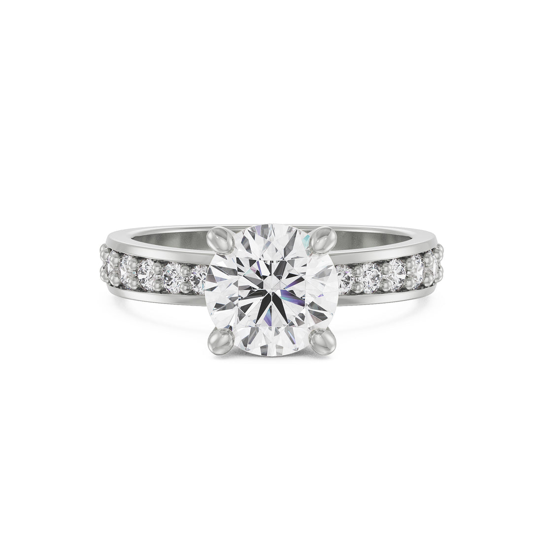 18K White Gold Round Diamond Ring with Pavé Band
