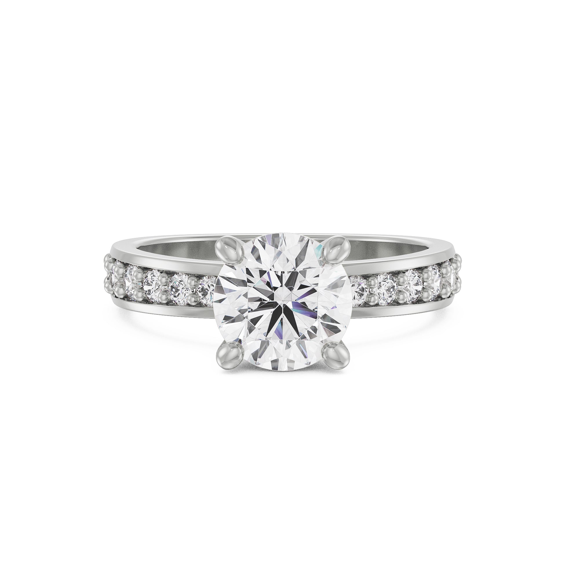 18K White Gold Round Diamond Ring with Pavé Band