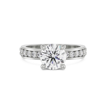 18K White Gold Round Diamond Ring with Pavé Band