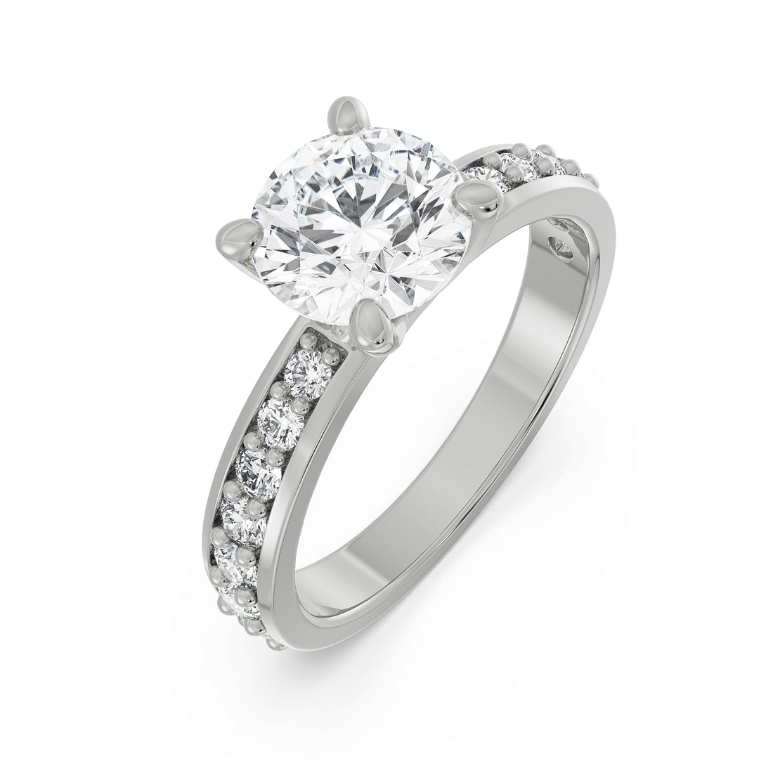18K White Gold Round Diamond Ring with Pavé Band