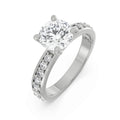 18K White Gold Round Diamond Ring with Pavé Band Front View