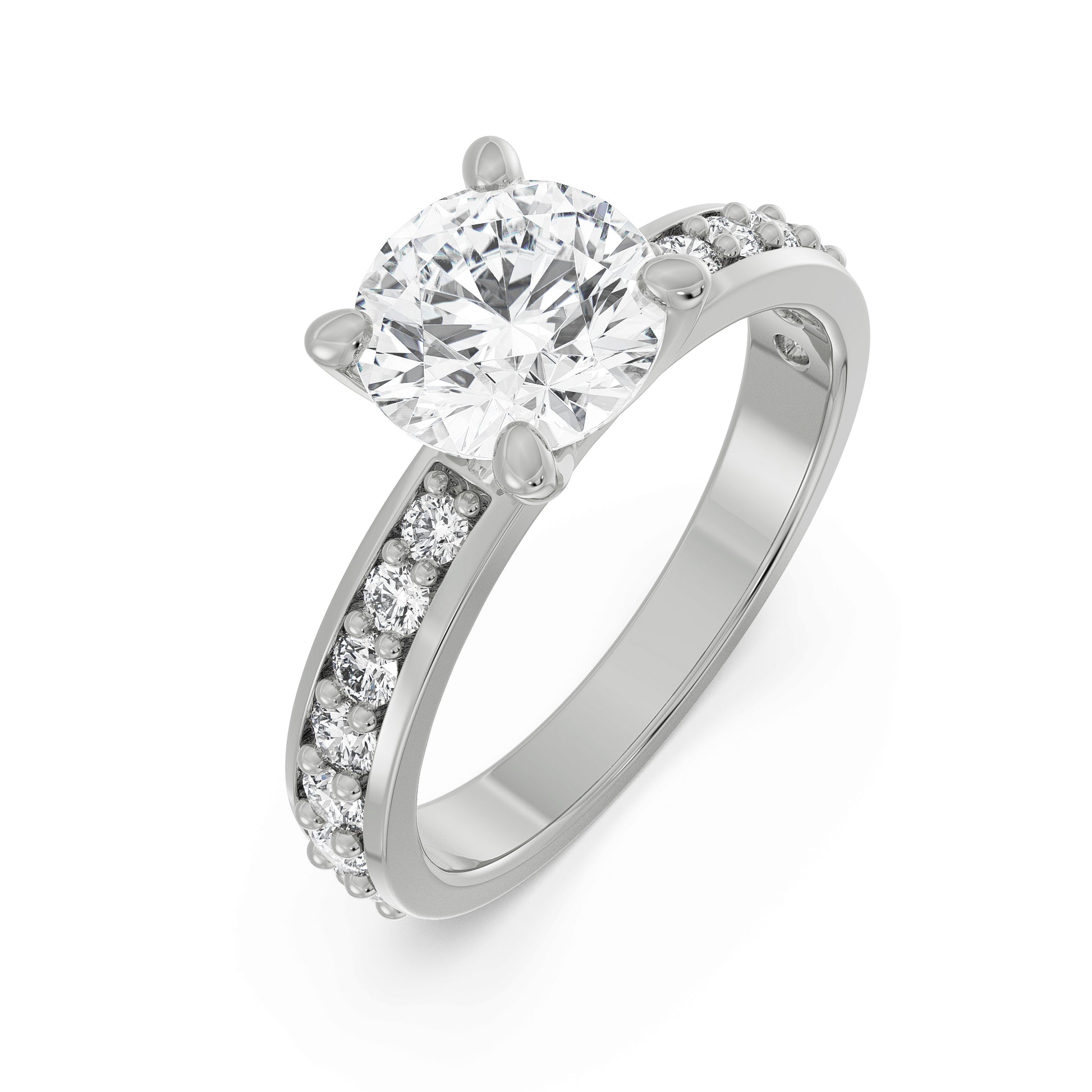 18K White Gold Round Diamond Ring with Pavé Band Front View