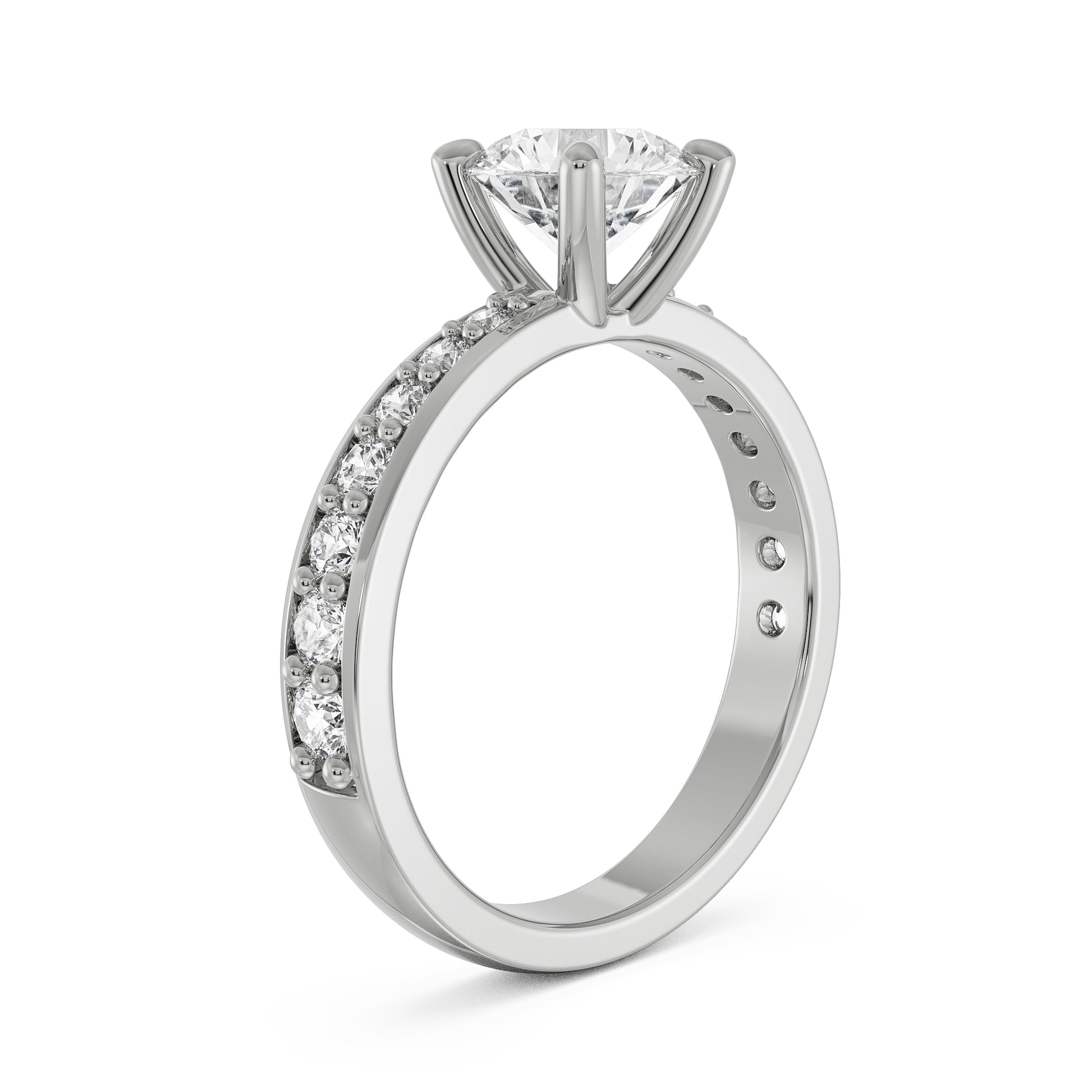 18K White Gold Round Diamond Ring with Pavé Band Side View