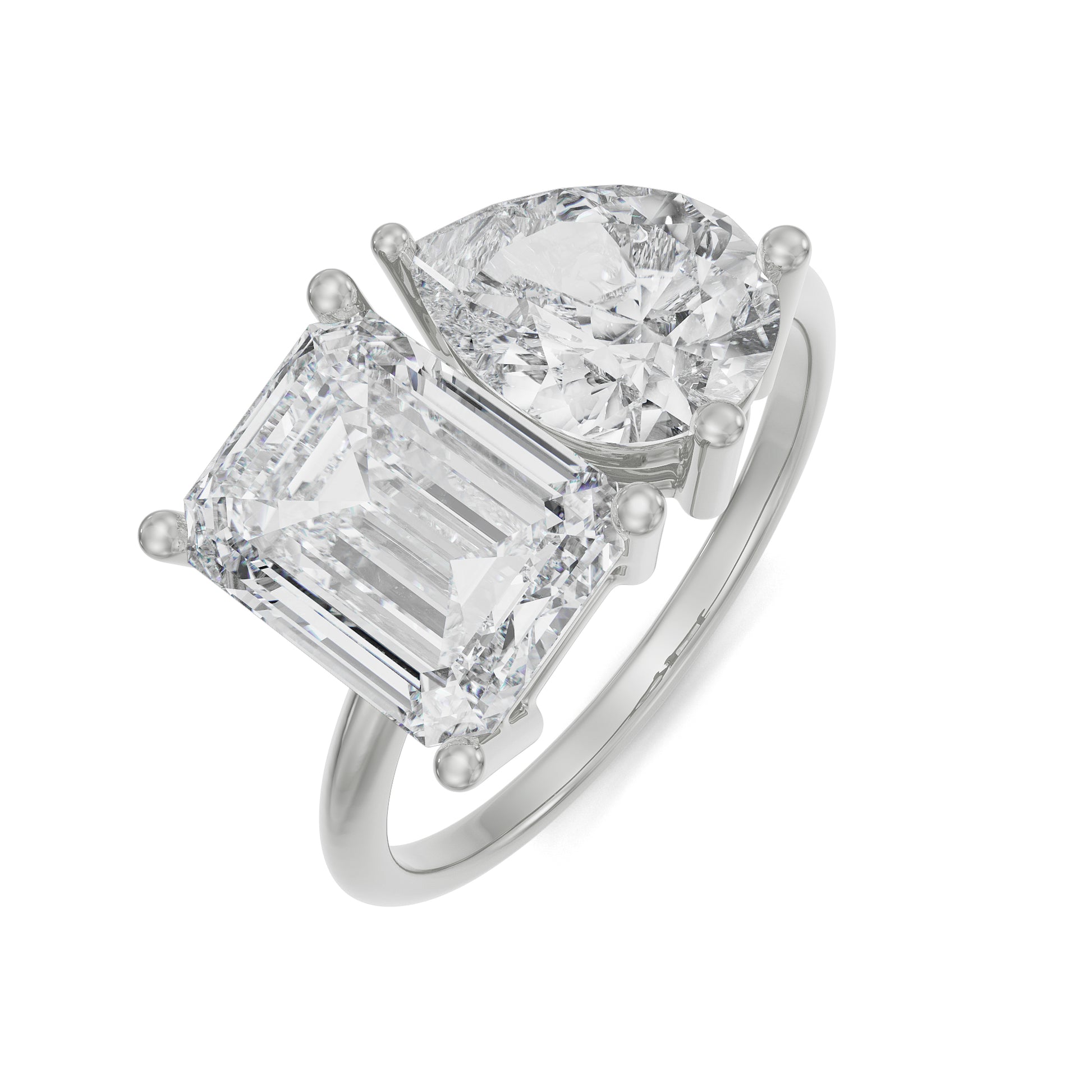 18K White Gold Toi et Moi Diamond Ring Emerald & Pear Cut Elegance Front View La Joyeria