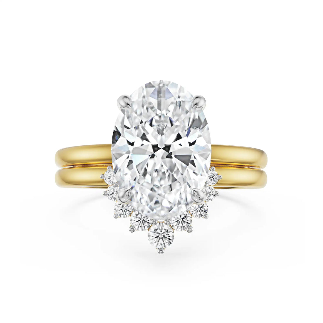 18K Yellow Gold 2 CT Oval Diamond Bridal Ring Set with Contoured Band Front View