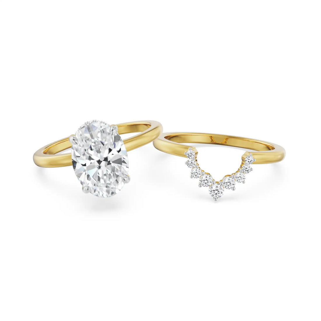 18K Yellow Gold 2 CT Oval Diamond Bridal Ring Set with Contoured Band Front View