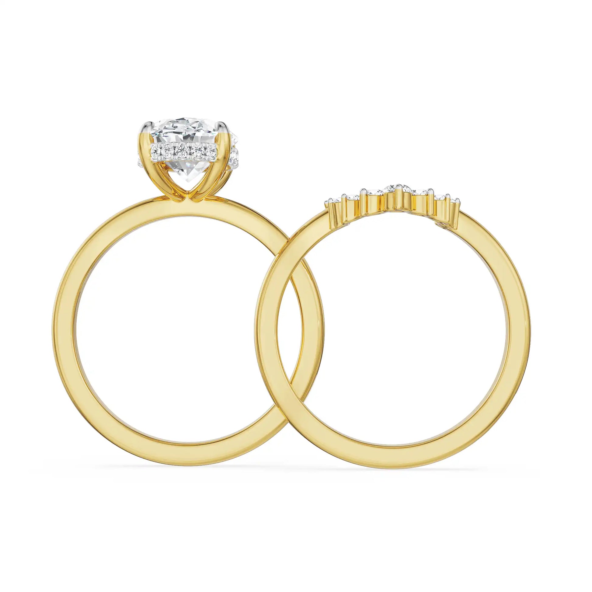 18K Yellow Gold 2 CT Oval Diamond Bridal Ring Set with Contoured Band Side View
