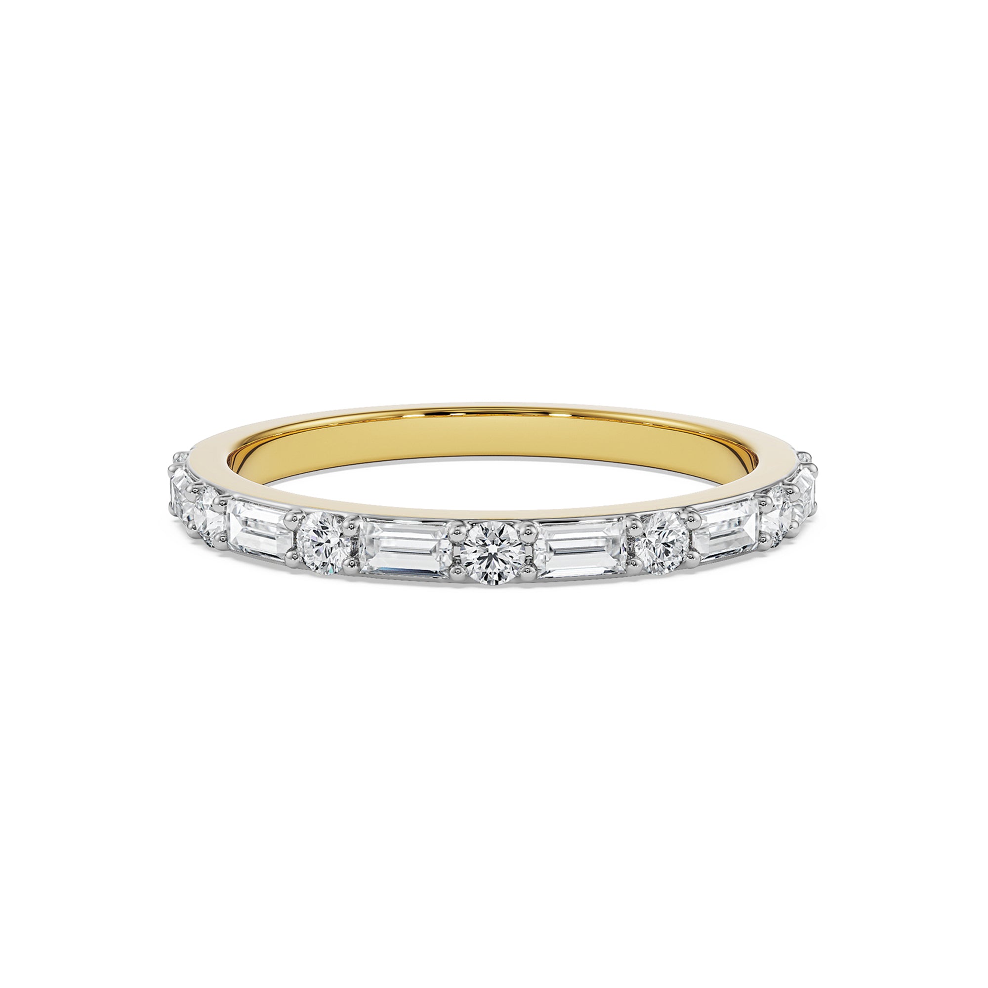 18K Yellow Gold Baguette and Round Diamond Stackable Ring