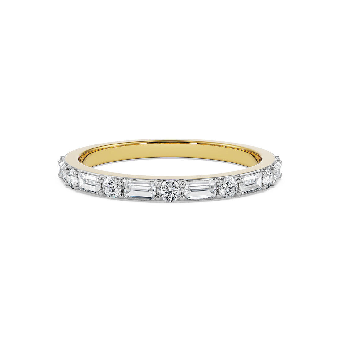 18K Yellow Gold Baguette and Round Diamond Stackable Ring